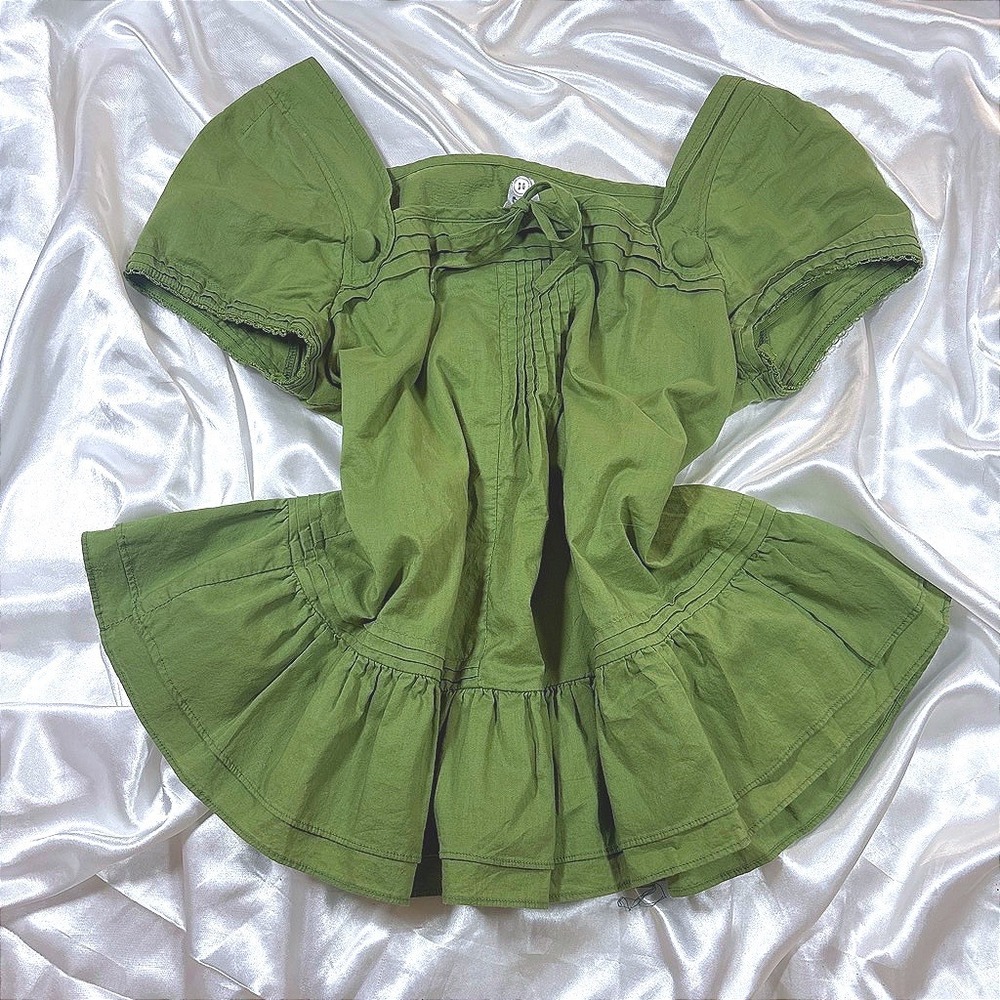 Vintage BB Dakota Babydoll Top Green Excellent Pintuck Ruffle Peplum Blouse